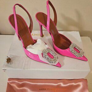 Amina Muaddi Camelia Sling Patent Leather Pink Heels Sz 38